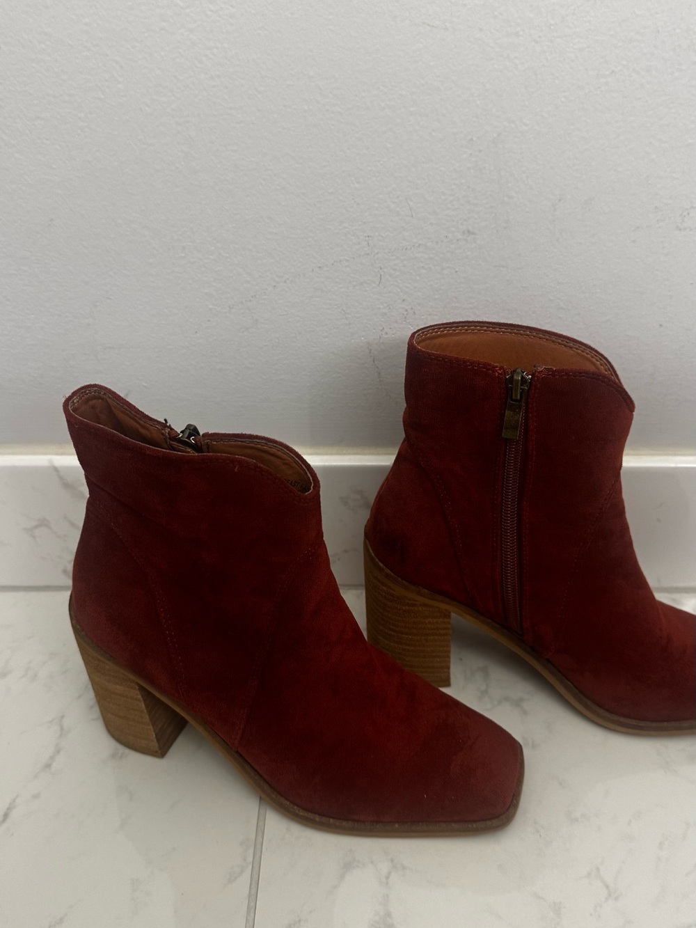 Sans Beast Burgundy Suede Ankle Booties with Stacked Heel